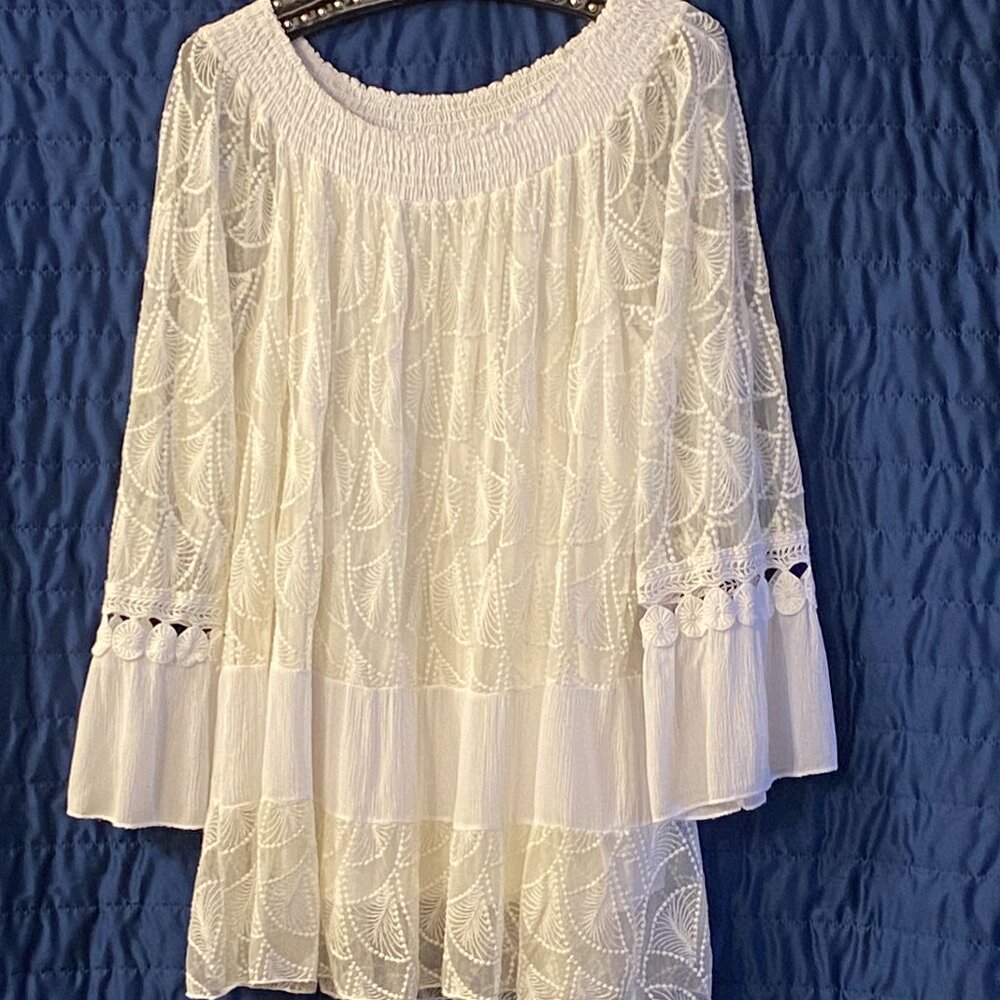 Le Marais Paris Sz L Womens Silk White Lace Blouse Tunic Long Sleeve Lined